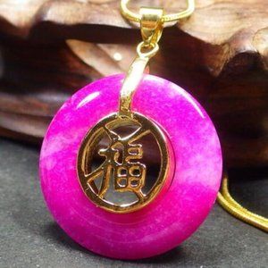 Yellow Gold Plate Pink Lavender JADE Pendant Circle Donut 福 Necklace 321681 US